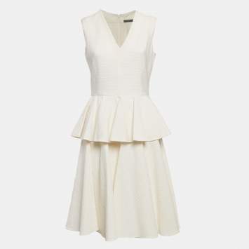 Pre Owned Alexander McQueen Off-White Textured Crepe Flounce Short Dress L