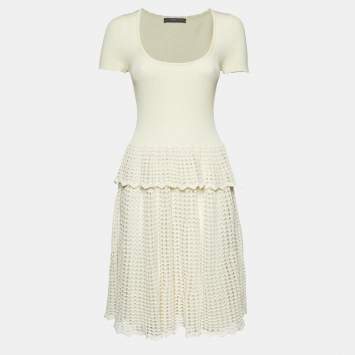 Pre Owned Alexander McQueen Cream Rib Knit and Patterned Knit Mini Dress L