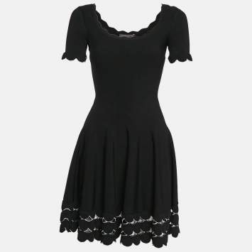 Pre Owned Alexander McQueen Black Stretch Knit Scallop Flared Mini Dress S
