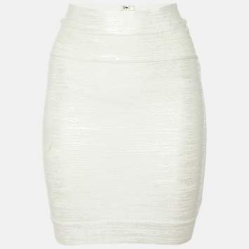 Pre Owned Herve Leger Alabaster White Bandage Jersey Mini Idrissa Skirt S