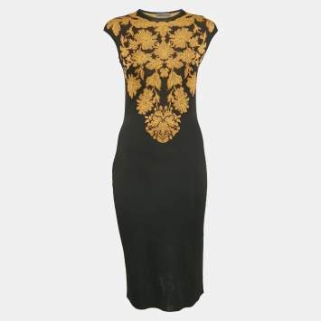 Pre Owned Alexander McQueen Black Floral Intarsia Rib Knit Bodycon Dress M