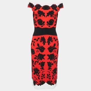 Pre Owned Alexander McQueen Red Floral Jacquard Knit Midi Dress XL