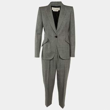 Pre Owned Alexander McQueen Grey Houndstooth Pattern Wool Pantsuit S/M