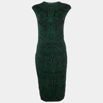 Pre Owned Alexander McQueen Green Wool Blend Jacquard Knit Sleeveless Midi Dress M