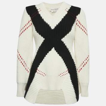 Pre Owned Alexander McQueen White Argyle Intarsia Rib Knit Sweater XXS