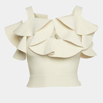 Pre Owned Alexander McQueen Off White Stretch Knit Ruffled Crop Top XS
