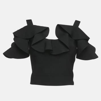 Pre Owned Alexander McQueen Black Knit Engineered Ruffle Crop Top XS