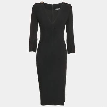 Pre Owned Alexander McQueen Black Crepe V-Neck Midi Dress S