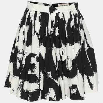 Pre Owned Alexander McQueen Black/White Abstract Print Cotton Pleated Skirt S