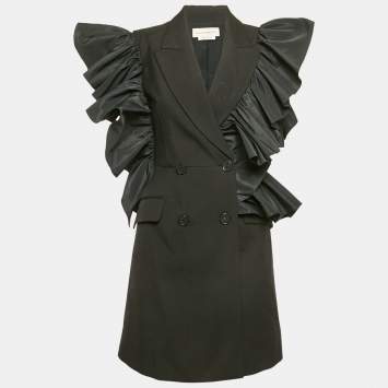 Alexander McQueen Black Wool and Ruffled Double Breasted Mini Dress S