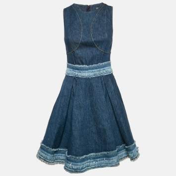 Alexander McQueen Blue Denim Raw Edge Flared Mini Dress S