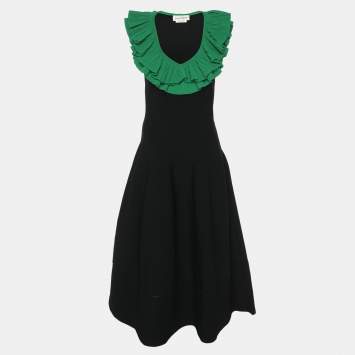 Pre Owned Alexander McQueen Black/Green Jersey Flounced Plunge Neck Dress S