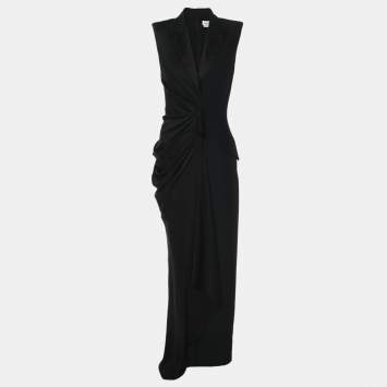 Pre Owned Alexander McQueen Black Crepe Satin Long Leaf Draped Dress XS