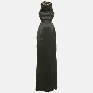 Pre Owned Alexander McQueen Black Jeweled Neck Satin Cut-Out Maxi Dress S