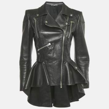 Pre Owned Alexander McQueen Black High Low Peplum Leather Jacket M