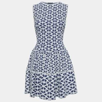 Pre Owned Alexander McQueen White/Blue Floral Pattern Stretch Knit Mini Dress XXS 