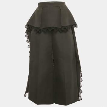 Pre Owned Alexander McQueen Black Cotton and Silk Lace Trim Wide Leg Trousers S
