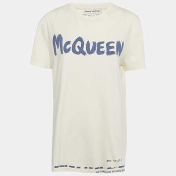 Pre Owned Alexander McQueen Cream Logo Print Jersey T-Shirt L
