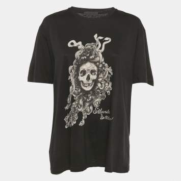 Pre Owned تي شيرت ألكسندر ماكوين جيرسي بطبعة جماجم سوداء مقاس كبير جدًا