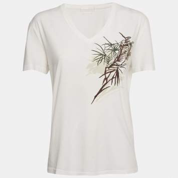 Pre Owned Alexander McQueen White Embroidered Jersey V-Neck T-Shirt S