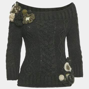 Pre Owned Alexander McQueen Green Floral Applique Cable Knit Sweater S