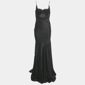 Pre Owned Alexander McQueen Black Silk & Mesh Bias Cut Corset Maxi Dress S