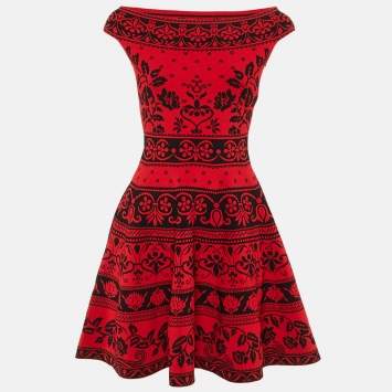 Pre Owned Alexander McQueen Red Floral Jacquard Knit Mini Dress S