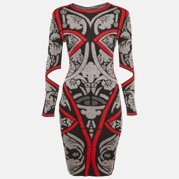 Pre Owned فستان أليكساندر ماكوين تريكو صوفي جاكار أسود/ملون ضيق الجسم صغير جداً (إكسترا سمول)