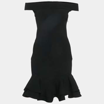 مملوكة مسبقًا Alexander McQueen Black Rib Knit Off Shoulder Ruffled Mini Dress M