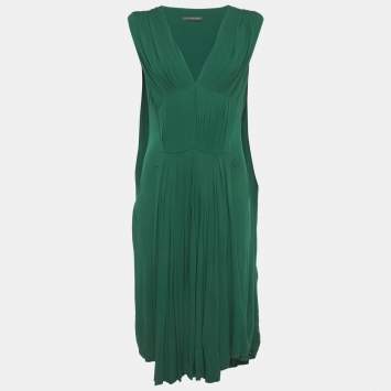 Pre Owned Alexander McQueen Green Jersey Pleated Sleeveless Midi Dress M