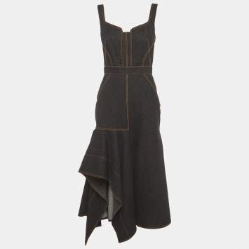 Pre Owned فسستان ألكسندر ماكوين جينز أزرق غامق غير متماثل موسع مقاس صغير (سمول)