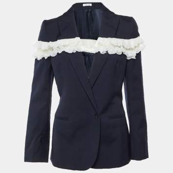 مملوكة مسبقًا McQueen Navy Blue Wool Ruffle Inset Single Breasted Blazer M