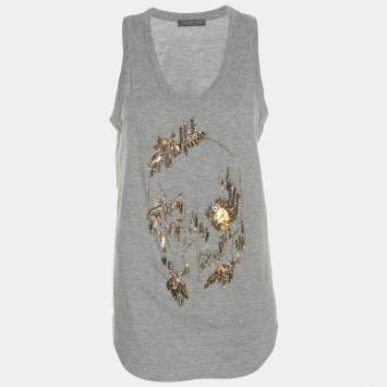 Pre Owned Alexander McQueen Grey Jersey Embellished Skull Motif Tank Top M