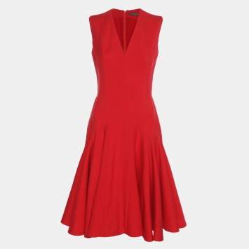 Pre Owned Alexander McQueen Red Wool Crepe Midi Dress S
