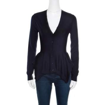Pre Owned Alexander McQueen Navy Blue Wool Asymmetric Cardigan S