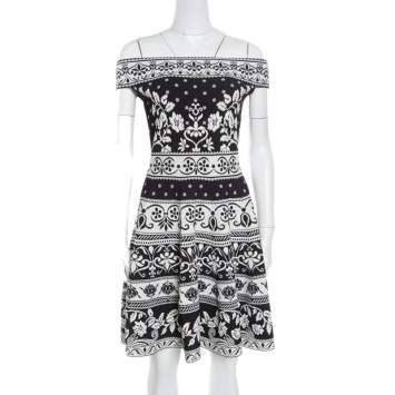 Pre Owned Alexander McQueen Monochrome Floral Jacquard Knit Off Shoulder Dress M
