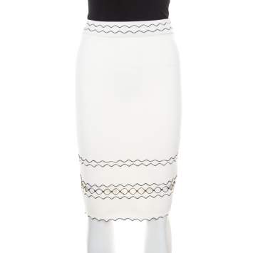 Pre Owned Alexander McQueen Ivory Rib Knit Contrast Cut Out Hem Detail Pencil Skirt S