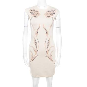 Pre Owned Alexander McQueen Beige Wool Floral Jacquard Lurex Knit Pencil Dress S