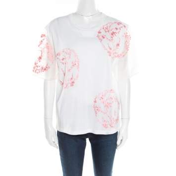 Pre Owned Alexander McQueen White Cotton Floral Embroidered Silk Sleeve Detail Oversized T-Shirt S