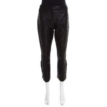 Pre Owned Alexander McQueen Black Rose Patterned Jacquard Wool Crop Pants M
