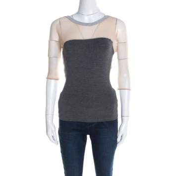 Pre Owned Alexander McQueen Grey Jersey Mesh Insert Cropped T-Shirt M