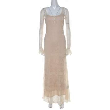 Pre Owned Alexander McQueen Ecru Crochet Knit Wool Lace Shetland Maxi Dress XS
