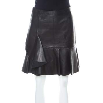 Pre Owned Alexander McQueen Black Leather Asymmetric Ruffle Short Skirt S