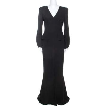 Pre Owned Alexander McQueen Black Silk Long Sleeve Peplum Gown M