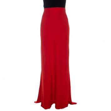 Pre Owned Alexander McQueen Coral Red Crepe Ruched Detail  Maxi Skirt L