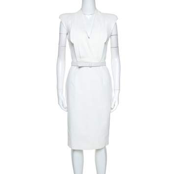 Pre Owned Alexander McQueen White Cotton Pleated Neck Detail Belted Dress S