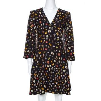 Pre Owned Alexander McQueen Brown Obsession Print Crepe Cape Sleeve Dress S