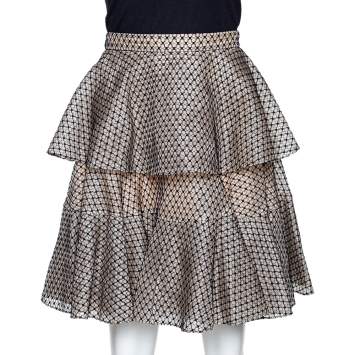 Pre Owned Alexander McQueen Black & Cream Silk Lace Overlay Tiered Skirt M