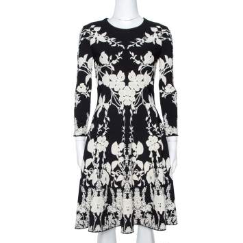 Pre Owned Alexander McQueen Monochrome Floral Jacquard Knit Skater Dress M 