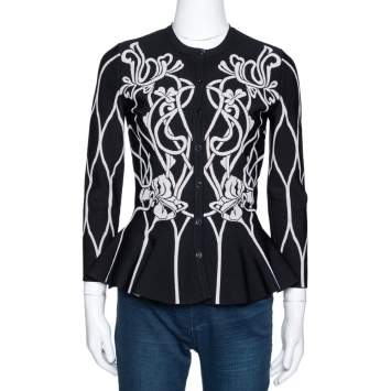 Pre Owned Alexander McQueen Black Jacquard Knit Peplum Cardigan M